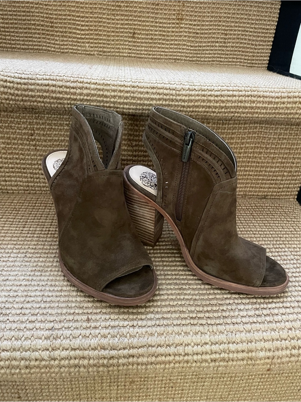 Vince Camuto Olive Suede Peep-Toe Ankle Booties